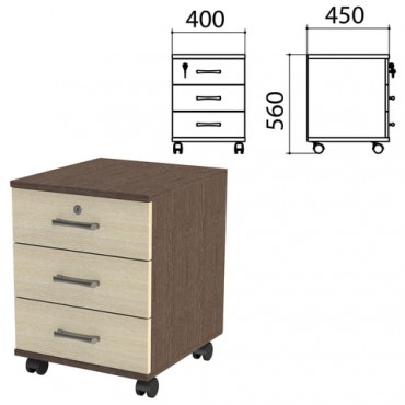 Тумба подкатная "Канц", 400х450х560 мм, 3 ящика, замок, цвет венге/дуб молочный (КОМПЛЕКТ)