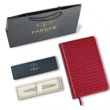 Ручка шариковая PARKER "Jotter Core Stainless Steel GT", ежедневник А5 красный, пакет, 880888